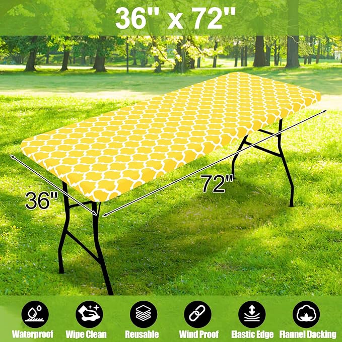 Smiry Picnic Fitted Table Cover, 6 Foot Flannel Backed Vinyl Tablecloth | Waterproof Elastic Stretch Table Cloth, Wipeable Plastic Tablecloth for Camping, Indoor & Outdoor (Yellow, 36" x 72")