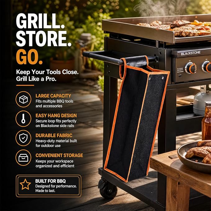 2 Pcs Grill Utensil Storage Bag BBQ Tool Holder Pouch,Orange | Oxford Cloth Foldable Design, Camping Hiking Organizer, Snap Closure Secure, Stands Upright or Flat, Portable Outdoor Pouch