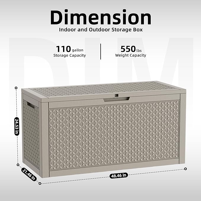 ROJIK 110 Gallon Deck Box Outdoor, Waterproof Outdoor Storage Boxes with Lids, Outside Resin Lockable Storage Box for Patio Cushions, Garden Tools(Grey)