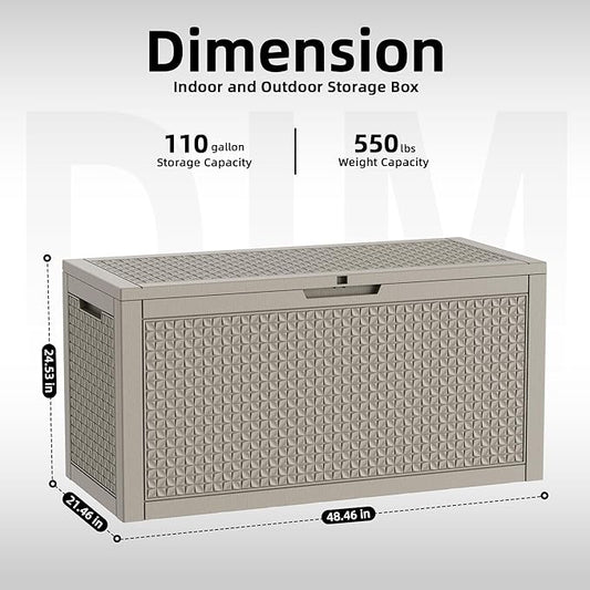110 Gallon Outdoor Deck Box, Resin Waterproof Storage Box With Lockable Lid, UV-Resistant Multi-Purpose Outdoor Storage Bench for Patio Cushions, Garden Tools, Pool Accessories (110 Gallon, Grey)