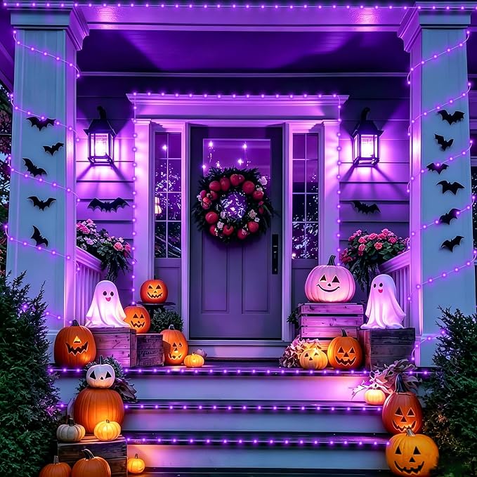YEGUO Solar Halloween Lights Outdoor Waterproof, 66ft 200 LED Purple Solar Rope Lights, 8 Modes Fairy Lights in Clear Thin Tube