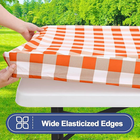 Smiry Picnic Table Cloth 2 Pack, Waterproof Elastic Fitted Tablecloths for 8FT Rectangle Tables, Washable Polyester Buffalo Plaid Tablecloth for Camping, Dining & Outdoor (Orange & White, 30" x 96")