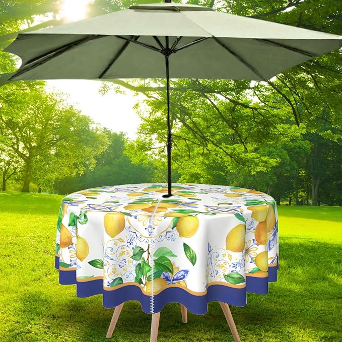 Honellaty 60 Inch Round Outdoor Tablecloth with Umbrella Hole and Zipper, Waterproof Wipeable Lemon Tablecloth for Patio Table, Backyard BBQ and Picnic