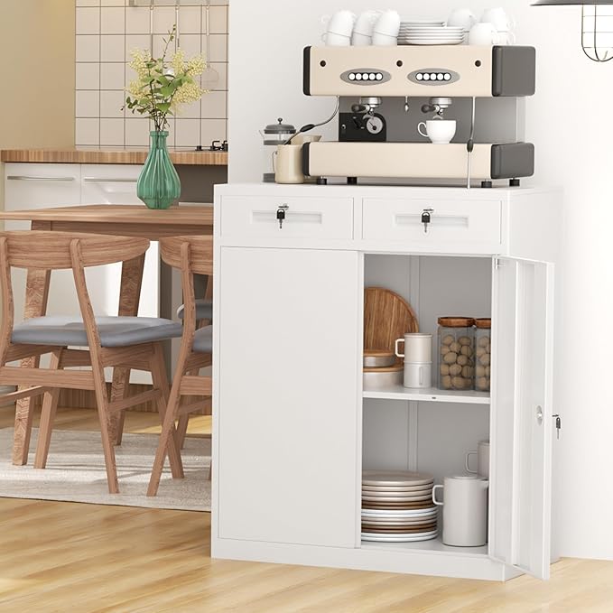 INTERGREAT Metal Garage Storage Cabinet, 36" Locking Counter Cabinet with 2 Locking Doors and 2 Adjustable Shelves, Small Steel Cabinet for for Home Office, Gym, School(White)