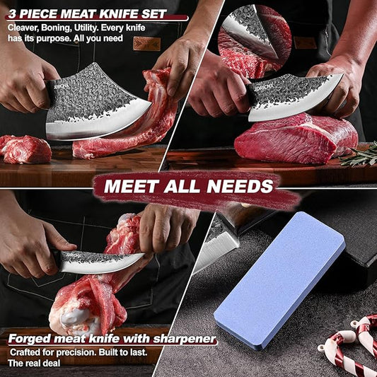 3PCS Butcher Knife Set, Hand Forged Meat Cleaver & Boning Knife Set with Full Tang Handle, High Carbon Steel BBQ Knife Set for Meat Cutting, Camping, Outdoor Cooking & Gifts for Men