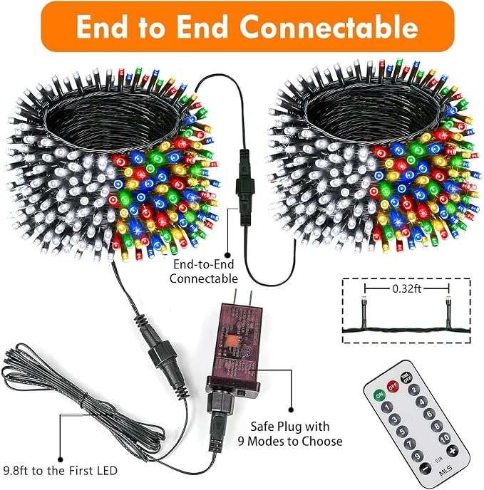 75.8FT Connectable Color Changing Christmas Light with Remote Timer 200 LED | Cool White & Multicolor Fairy Xmas String Lights with 11 Lighting Modes & Memory Function Waterproof for Christmas Tree Decor