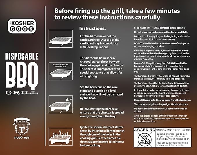The Kosher Cook Disposable Charcoal Grill - Ready To Use Portable Bbq Grill - Easy To Light Portable Charcoal Grill Kosher