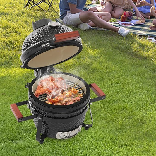 13" Ceramic Charcoal BBQ Grill, High-Temperature Insulated Dome, 12.6" Cooking Tray Outdoor Barbecue Cooker, Portable Freestanding for Restaurant, Camping, Family Gatherings