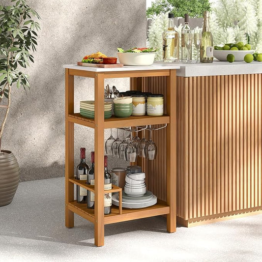 Giantex Acacia Wood Outdoor Side Table, Patio Buffet Cabinet Bar Table with Faux Marble Countertop, Glass & Wine Holders, Patio Storage Cabinet for Garden, Backyard, Kitchen