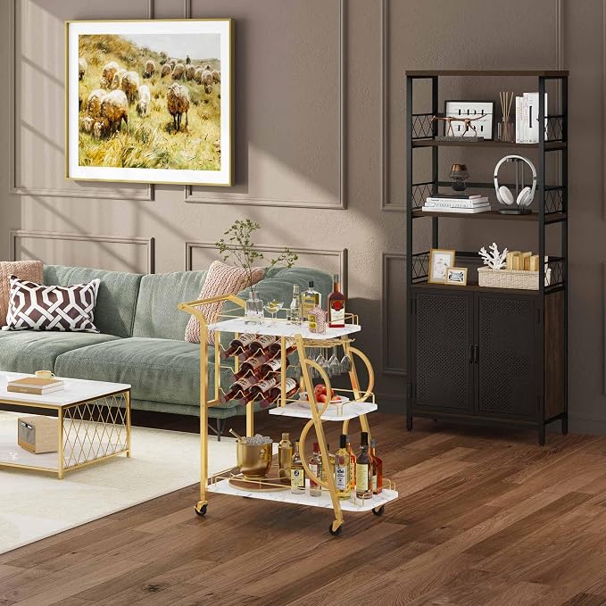 Bar Cart, Gold Bar Carts for The Home, Serving Cart with Wine Glass Holder, 3-Tier Drink Carts with Wheels, Rolling Beverage Trolley for Kitchen, Dining, Living Room (Gold & Marbleized White)