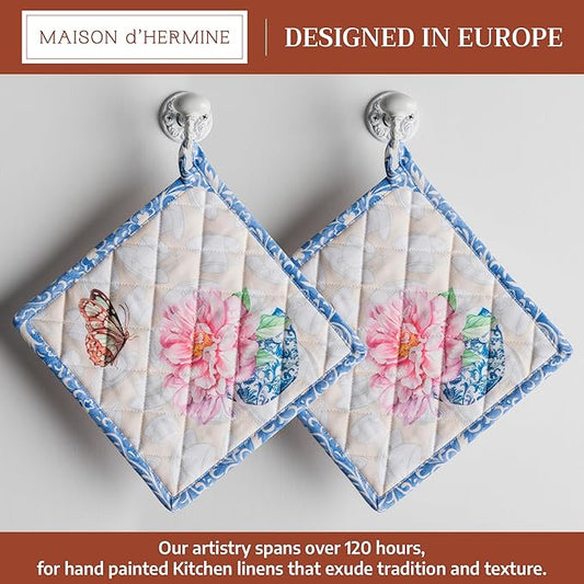 Maison d' Hermine Pot Holders 100% Cotton Heat Resistant Potholders 8" x 8" Hot Pads with Loop BBQ Cooking Baking Hotel Farmhouse Kitchen Handling Hot Pans Spring Summer (Pack of 2, Canton)