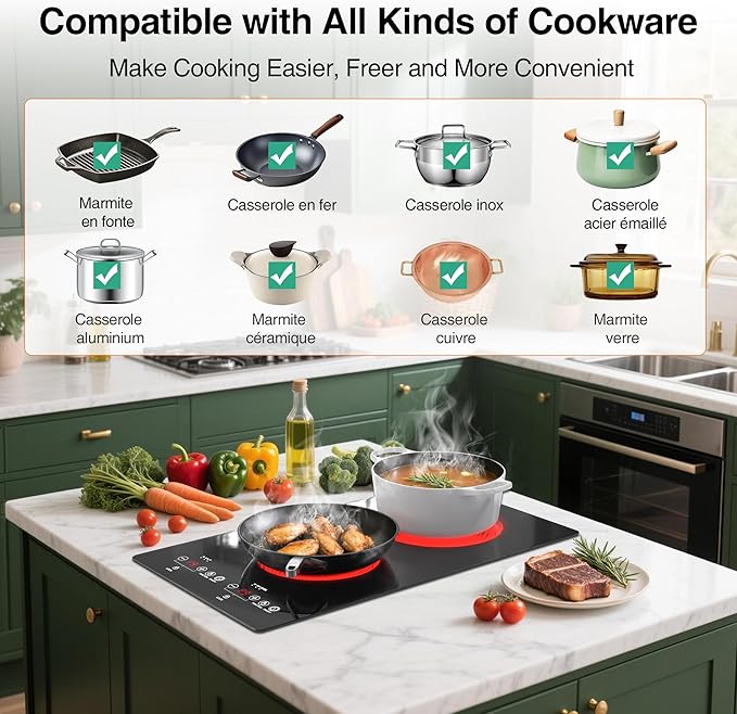 2100W Electric Cooktop 2 Burners 110V, 12" Electric Stove Top Hot Plate with Touch Control, Countertop & Built-in Ceramic Cooktop, Keep-Warm, Timer, Child Safety Lock, Compatible with All Cookware