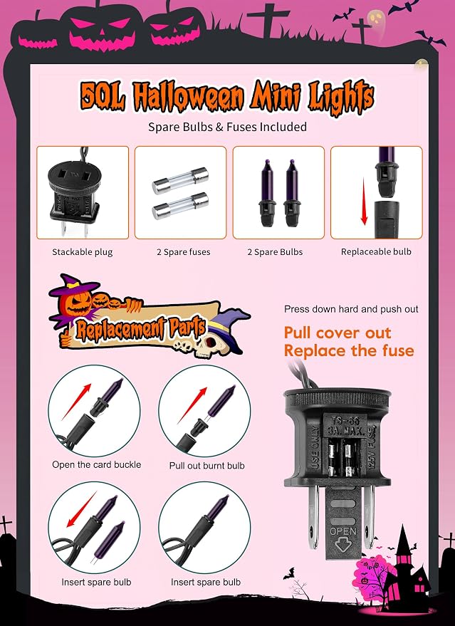 2 Pack Purple Halloween Mini Lights, 10 Feet 50 Count Mini String Lights | Total 100 Count Incandescent Bulb, Connectable Halloween Light for Haunted House Ghost Party Holiday Window Indoor Decoration