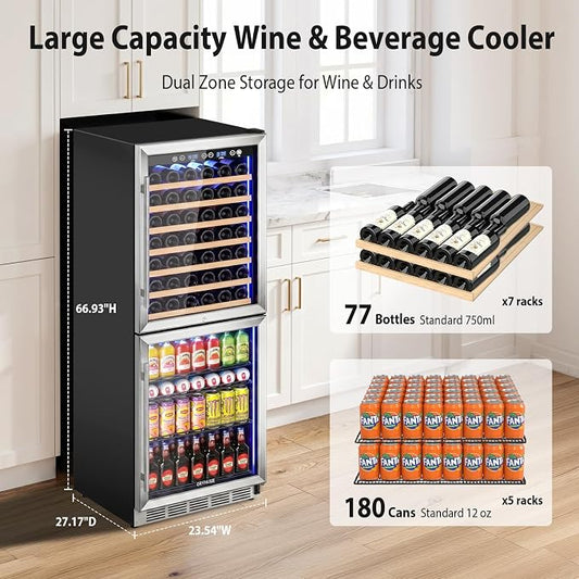 ORYMUSE 24 Inch Dual Zone Wine and Beverage Refrigerator, 180 Can / 77 Bottle Capacity Built-In Freestanding Wine Fridge with Glass Door, Drink Cooler for Kitchen Home Bar, Blue LED Light