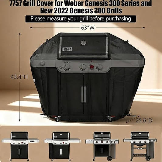 QuliMetal 63 Inch Grill Cover for Weber Genesis 300 Series and New 2022 Genesis 300 Grill, Heavy Duty Waterproof Fade Resistant Outdoor BBQ Grill Cover with Elastic Drawstrings, Compared to Weber 7757