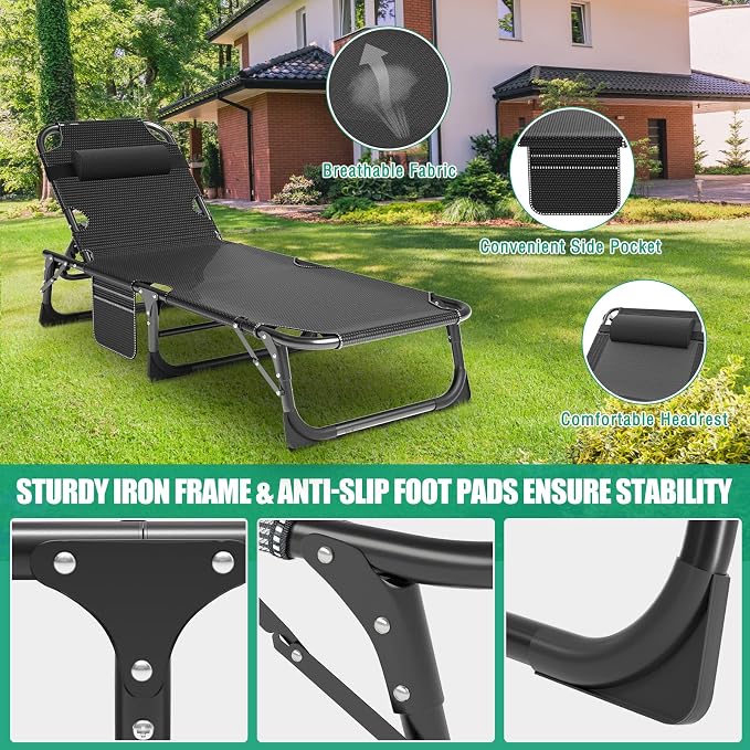 LILYPELLE Folding Chaise Lounge Chair with Pad, Patio Sun Tanning Chair | 5-Position Outdoor Chaise Lounger,Portable Beach Lounge Chair for Outdoor Sunbathing Patio Pool Lawn Deck Poolside