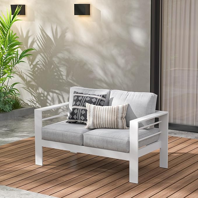 Wisteria Lane Aluminum Outdoor Sofa, Loveseat Sofa Patio Couch All-Weather Rust-Proof Modern Metal Patio Furniture with 5" Thick Olefin Cushions, Light Grey