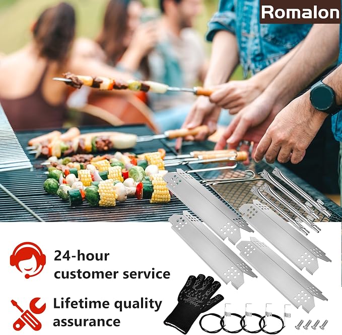 Romalon Stainless Steel Grill Replacement Parts Grill Burner Tube, Heat Plate and Grill Igniters Kit with Gloves Fit for Nexgrill 4 Burner 720-0830H 720-0783E 720-0830A Nexgrill 720-0888N