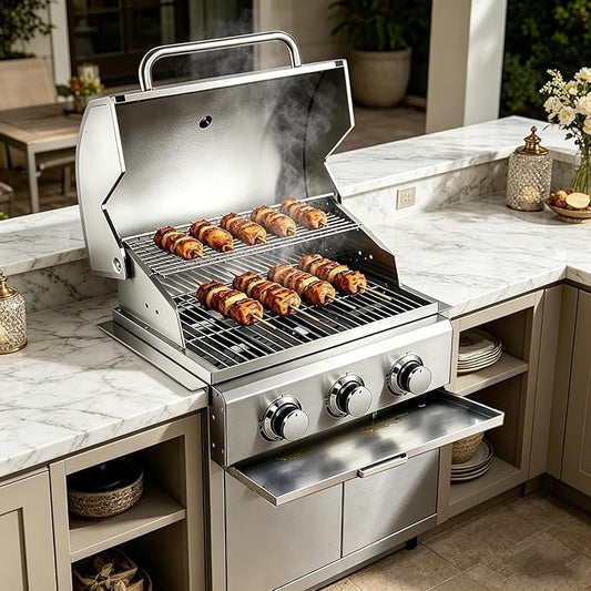 3 Burner Built In Gas Grill, Stainless Steel Propane Grill, 30,000 BTUs,Dual Fuel Compatibility(Propane/Natural), Gas Grill Outdoor Cooking