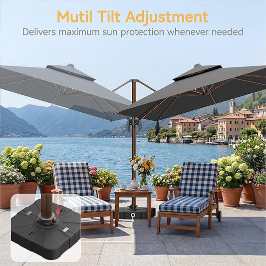10x13 FT Wood Pattern Patio Umbrella with Base, Large Deluxe Cantilever Rectangular Double Top Heavy Duty Offset Umbrellas with 360ยฐ Rotation, Outdoor shade for Garden Pool Patio, Grey