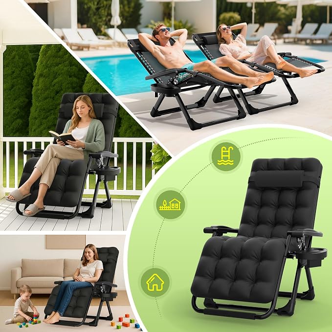 Suteck Zero Gravity Chair, Reclining Camping Chairs w/Removable Cushion | Anti Gravity Recliner Lounge Chair with Aluminum Alloy Lock & Cup Holder, 90-170° Adjustable, for Lawn Patio Indoor