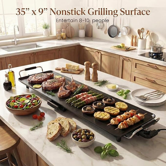 SIMOE 35 Inch Large Electric Griddle, Teppanyaki Grill BBQ with 4-Level Adjustable Temperature, Insulated Handles & Drip Tray, Indoor Outdoor Extra Long Griddle Pan Electric for Party, Home, Camping