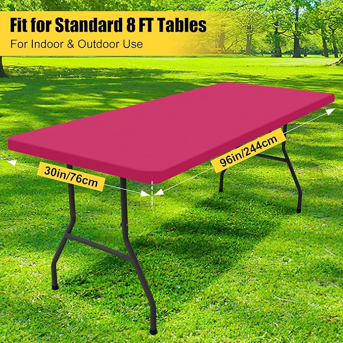 Smiry Rectangle Picnic Table Cloth, Waterproof Elastic Fitted Tablecloths for 8 Foot Tables, Washable Polyester Table Cover for Camping, Indoor and Outdoor (Fuchsia, 30"x96")