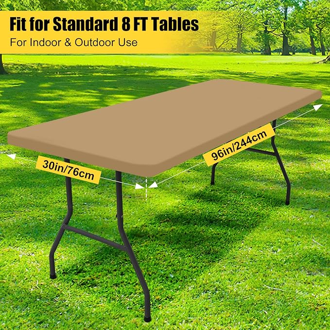 Smiry Rectangle Picnic Table Cloth, Waterproof Elastic Fitted Tablecloths for 8 Foot Tables, Washable Polyester Table Cover for Camping, Indoor and Outdoor (Khaki, 30"x96")