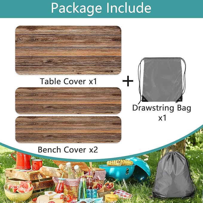 Farmhouse Picnic Table Cover with Bench Covers Camping Essentials Brown Wood Grain Waterproof Windproof Camping Tablecloth Fitted Tablecloth Cover with Elastic Edge for Indoor Outdoor 3 PCS 30x72 Inch