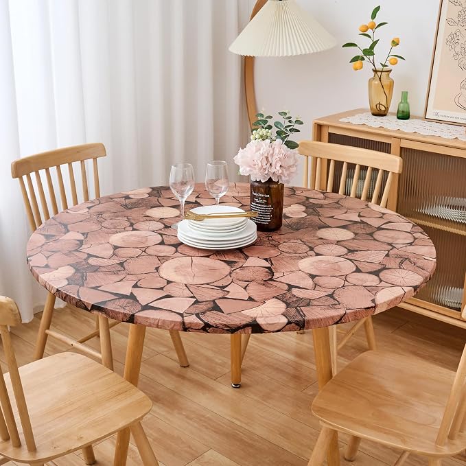LIBERECOO Round Fitted Tablecloth with Elastic, Flannel Backed Vinyl Tablecloths for 40" - 44" Tables, Waterproof Wipeable Reusable Plastic Table Cloth for Indoor & Outdoor, Rustic Timber Mosaic