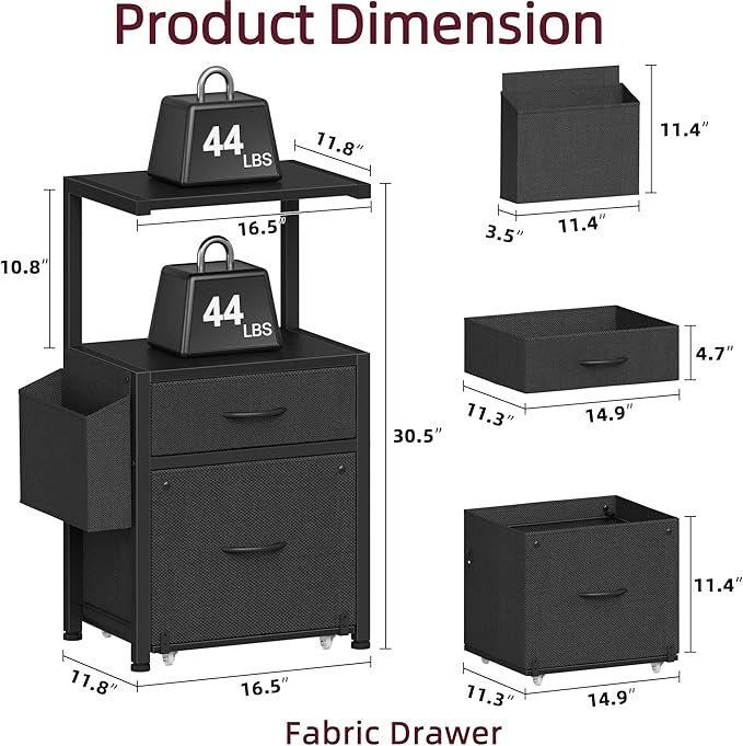 HIGDBFE Filing Cabinet with 2-Tier Printer Shelves, 2 Fabric Drawers File Cabinet with Reversible Side Bag&File Drawer, Printer Stand with Storage for Home Office, Black, 16.5" W