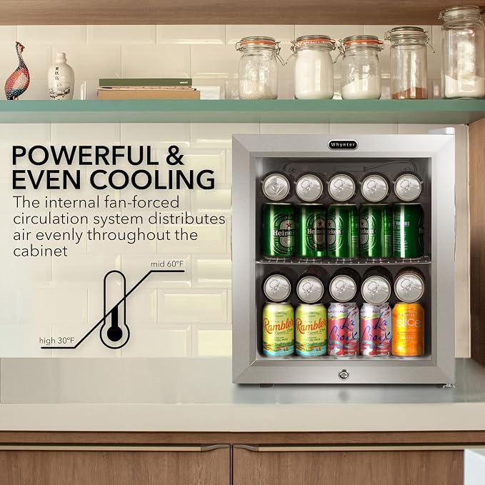 Whynter Beverage Refrigerator with Double-Layer Glass Door, 68-Can 1.6 Cu Ft Freestanding Drink Mini Fridge, BR-062WS, Stainless Steel