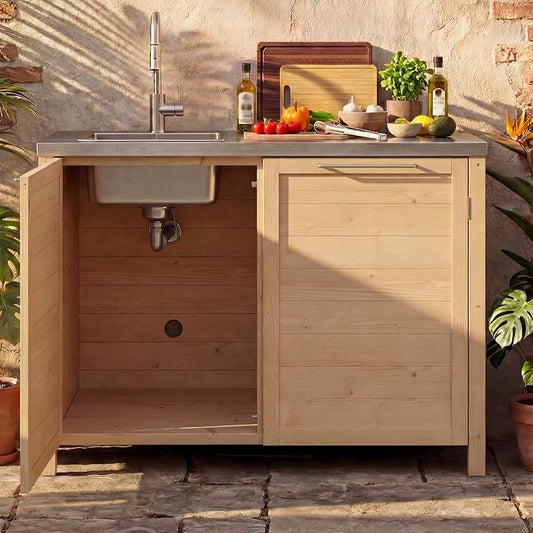 MOUMON Patio Kitchen Sink Cabinet with Stainless Steel Countertop, Solid Cedar Patio Prep Table with Trash Bin Storage, Outdoor Cooking Station, Sink not Included, Oak 51.2”W x 23.6”D x 37.4”H