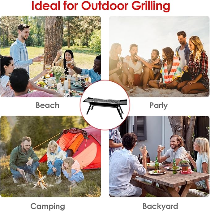 KOCASO Foldable Charcoal BBQ Grill with Shelf & Stainless Steel Grill Net - Easy Setup Portable Tabletop Barbecue Grill for Camping, Picnic, Outdoor Party, Backyard, Hiking, Traveling