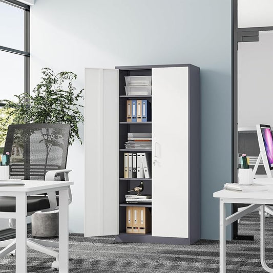 Fesbos Metal Cabinet Steel Storage Cabinet - 71โ Tall Steel File Cabinets with Lockable Doors and 5 Adjustable Shelves Gray&White Storage Cabinets for Home, School, Office, Garage
