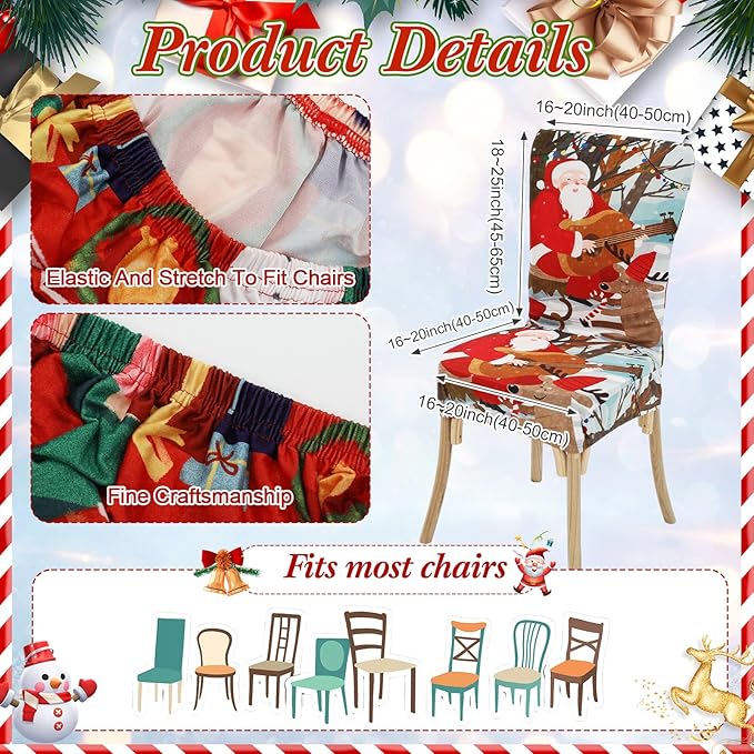 7 Pcs Christmas Tablecloth and Chair Covers Set Stretchable Washable Red Santa Holiday Table Cover and Seat Protector Slipcovers for Xmas Dining Room Kitchen Party(Round,60 x 60 Inch)