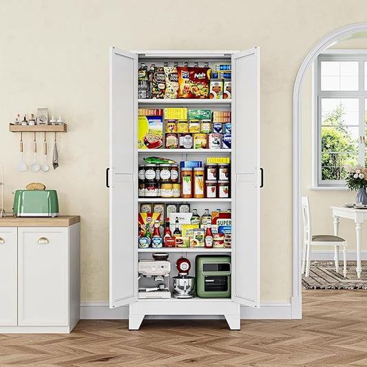 Letaya 75" H Metal Storage Cabinet with 2 Doors and 4 Shelves,Tall Kitchen Pantry Cabinets,Farmhouse Utility Pantry Organizers for Cupboard/Dining/Bathroom/Home Office/Garage,White