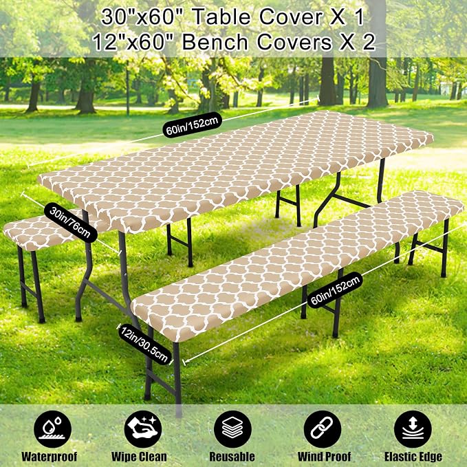 Smiry Picnic Table Cover with Bench Covers, Waterproof Elastic Fitted Tablecloth for 5 Foot Tables, Washable Polyester Tablecloths for Camping, Indoor & Outdoor (Khaki, 30x60 Inch 3-pc Set)