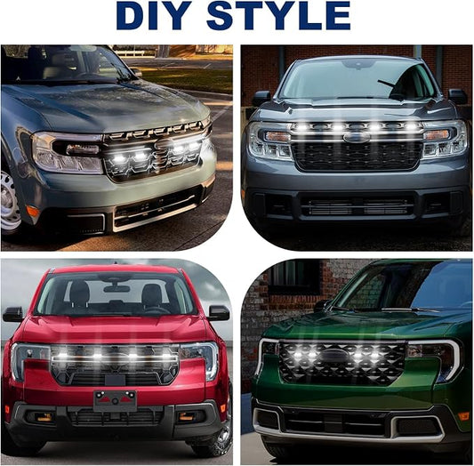 Front Grille Led Light For 2022-2025 Ford Maverick Accessories | Fits Maverick Lariat XL XLT Lobo All Trims,Maverick Raptor Style Grill Lights with adaptor fuse Waterproof (DIY Style-White)