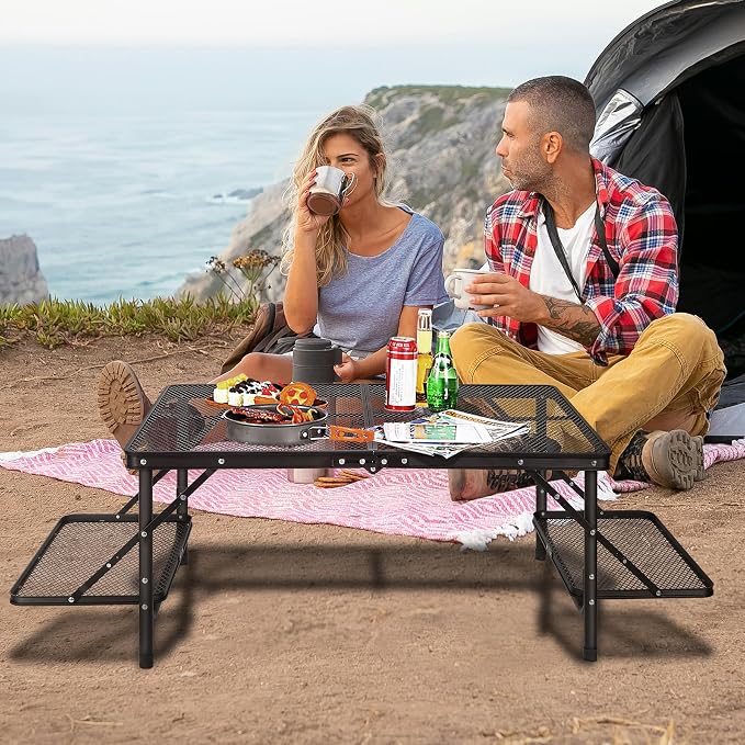 Folding Grill Table with Extension Space, Adjustable Height Portable Large Stand Camp Table for Outdoor Indoor Camping Picnic BBQ, Black with Side Panels
