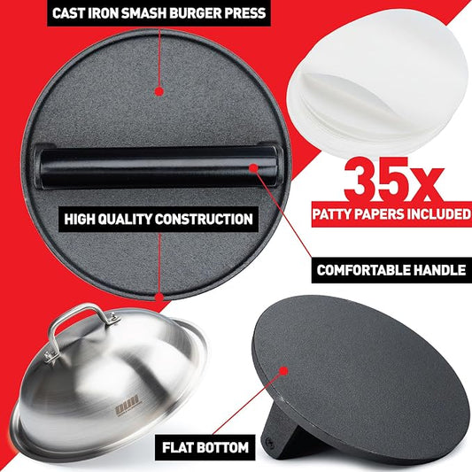 Smash Burger Press Kit - 7'' Flat Bottom Round Premium Cast Iron Press with 35 Pcs Patty Paper,12 Inch Heavy Duty Round Basting Cover Melting Dome. Perfect for Hamburger, Bacon, Meat, Sandwich