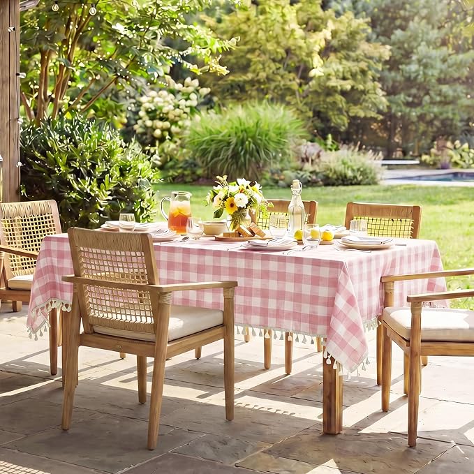 Softalker Pink Gingham Tablecloth Square, Outdoor Linen Cotton Checkered Table Cloth with Tassel, Heavy Duty Wrinkle Free Buffalo Plaid Table Cover for Kitchen Dining Home Party - 55 x 55 Inch