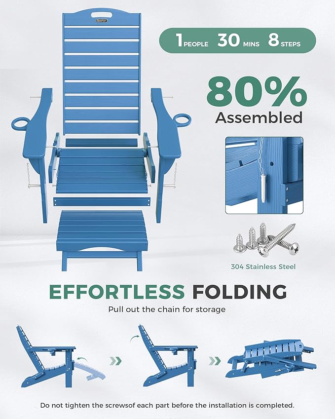 Adjustable Adirondack Chairs Set of 6 with Retractable Ottoman, HDPE Folding Adirondack Chair with Cup Holders, Weather Resistant for Backyard, Poolside & Fire Pit(Navy Blue)