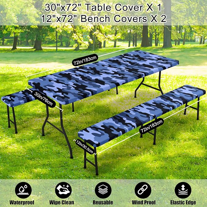 Smiry Picnic Table Cover with Bench Covers, Waterproof Elastic Fitted Tablecloth for 6 Foot Tables, Washable Polyester Camo Tablecloths for Camping & Patriotic Decor (Ocean Blue, 30x72 Inch 3-pc Set)