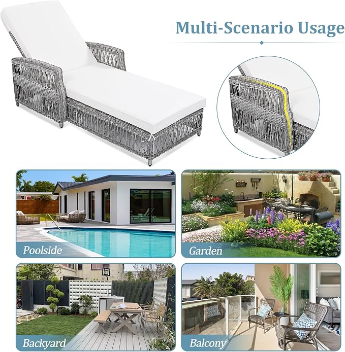 Merax Patio Lounge Chair, Outdoor Rattan Chaise Lounge with 4 Adjustable Backrest and Armrests, All Weather Wicker Reclining Pool Sunbathing Chair & Soft Removable Cushions for Poolside, Garden, Beige