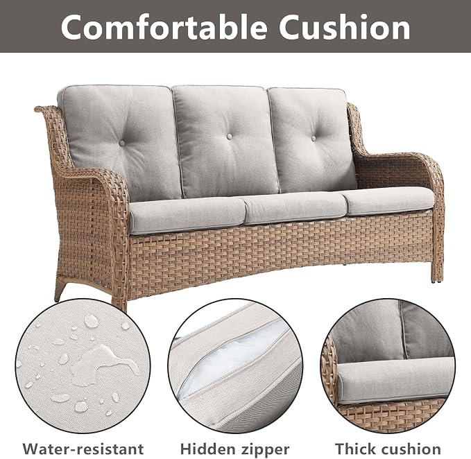 Rilyson Outdoor Patio Wicker Sofa 900Lbs Weight Capacity, Large 3 Seater Wicker Patio Couch with 4in Seat Cushions and Deep Seating, All Weather for Backyard, Garden, Poolside (Yellow/Beige)
