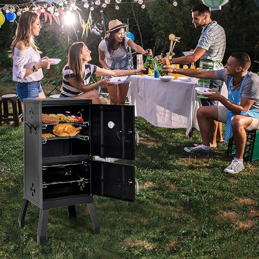 Moccha Smoked Carbon Oven, Vertical Charcoal Smoker, Outdoors Barbeque, Iron Structure, Two Layers Design, with Chrome-Plated Nets, Charcoal Pots, Suitable for Lawn Picnic, Black