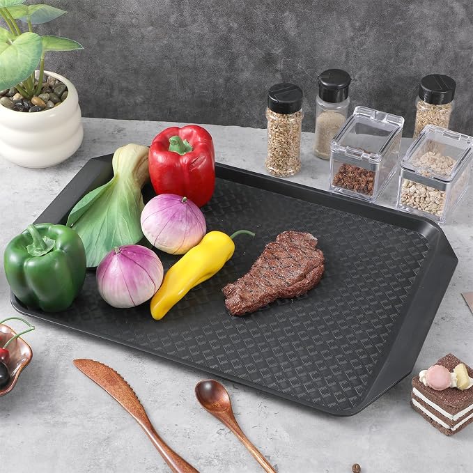 4 Pcs Grilling Prep and Serve Trays, 17x12 Inch BBQ Plastic Nesting Trays for Raw and Cooked Food, Dishwasher Safe Marinating and Serving Platters, Black and Red