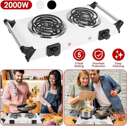 2000W Hot Plate,Portable Electric Stove Countertop Double Coil Burners W/5 Level Temperature Control & Stay Cool Handles, Easy to Clean, Lightweight Cast Iron Electric Stove for RV/Home/Camp 110V