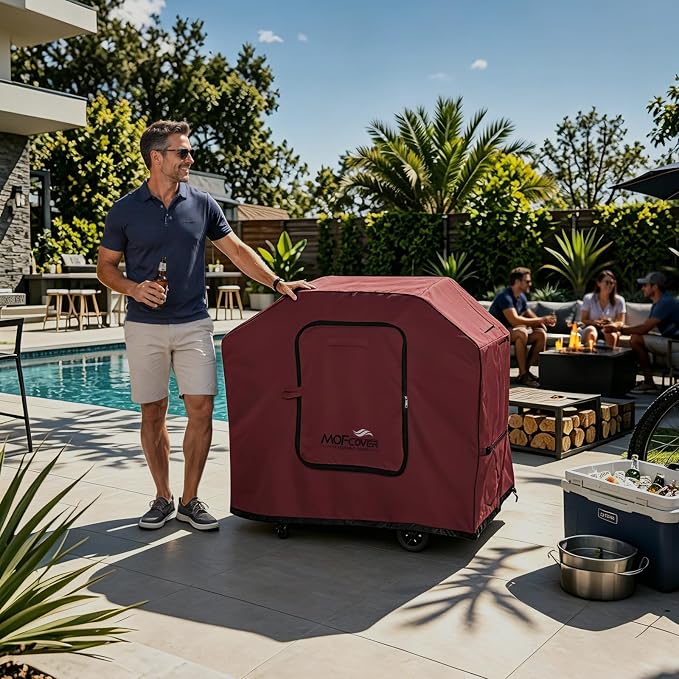 Exclusive Foldable 55 inch Grill Cover, 600D Heavy Duty Outdoor BBQ Cover for 3-4 Burners Grill, Waterproof Fade Resistant Barbecue Cover, Red